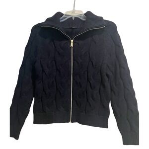 Talbots Women's Sweater Full Zip Petite S Acrylic Blend Navy Cable Knit